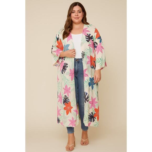 easel Jackets & Blazers - Easel 1X Kimono Duster Longline Floral Print Open Front Lightweight Cover
